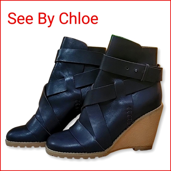 See By Chloe Shoes - ❤️ See By Chloe Genuine Leather Ankle Wrap Gum Wedge Booties NWOT.